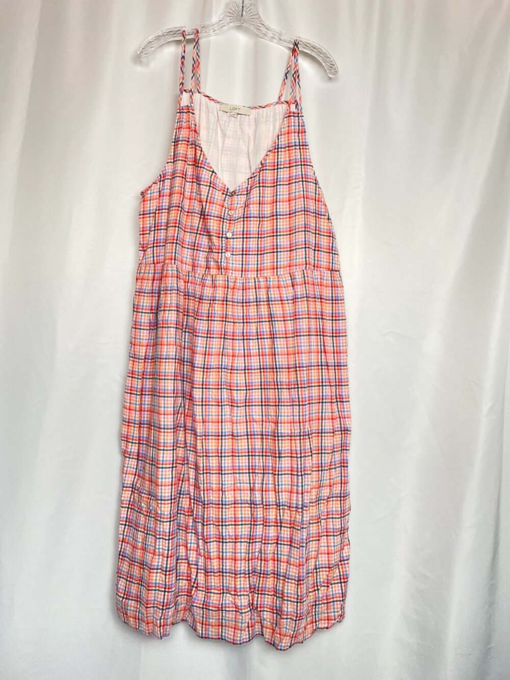LOFT Cottagecore Plaid Strappy Cotton Picniccore  Coastal Midi Dress 18